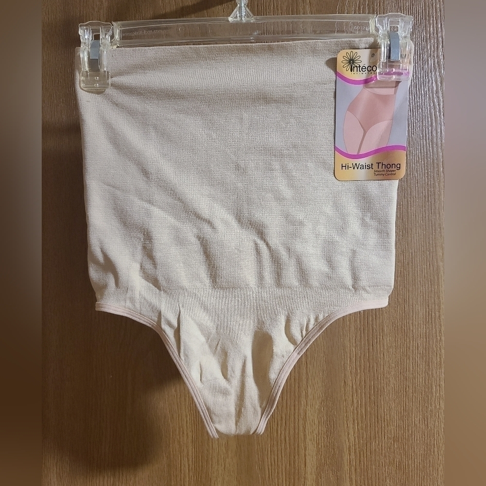 NWT Inteco Intimates Hi-Waist Thong Smooth Shaper Tummy Control Beige